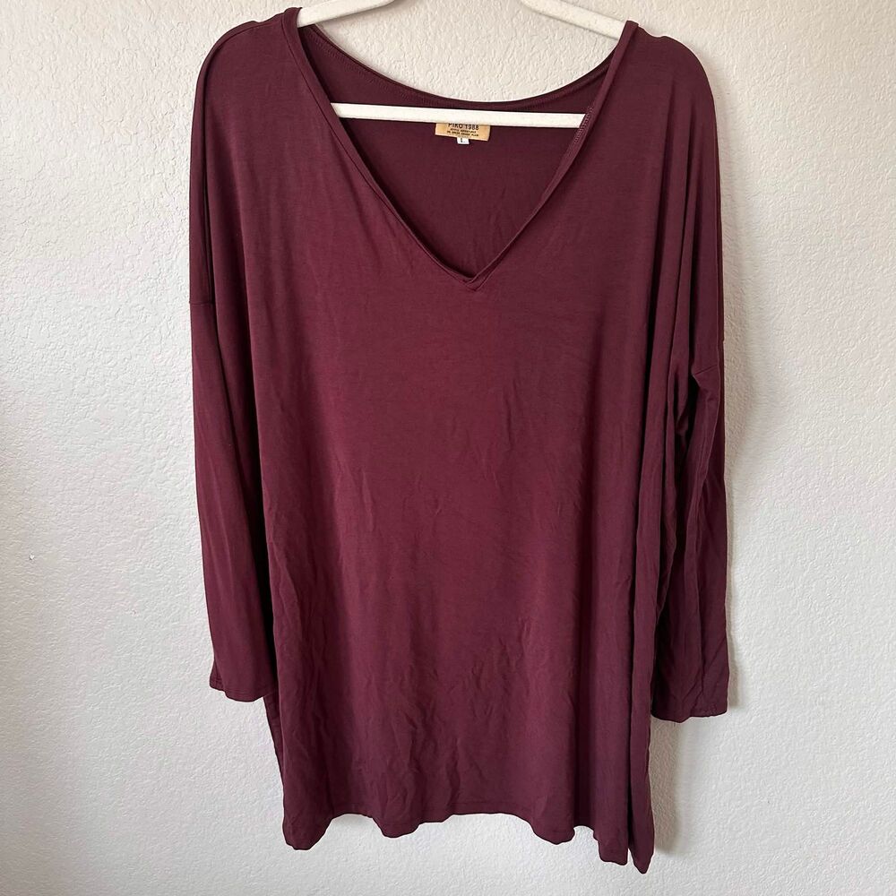 PIKO 1988 Oversized Lagenlook V-Neck Tunic Top L Maroon Bamboo Long Sleeve Boho